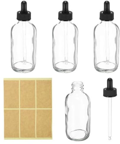 PATIKIL 120ml Glass Dropper Bottle, 4Pcs Leakproof Essential Oils Sample Liquid Perfume Container with Eye Dropper 6 Labels for Storage Home Travel, Clear