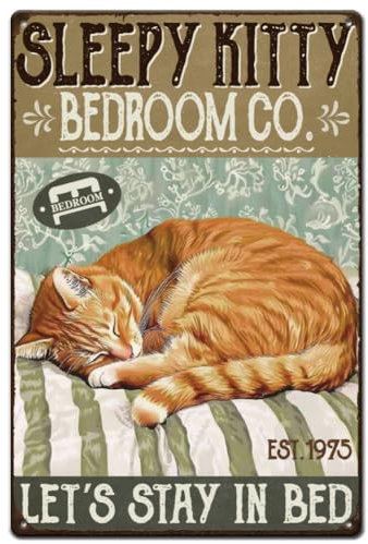 SUPERDANT Letreros de metal con diseño de gato durmiendo, placas de Wll Let's Stay In Bed, arte de pared vintage para el hogar, bar, cafetería, garaje, hotel, comedor, gimnasio, cueva de hombre