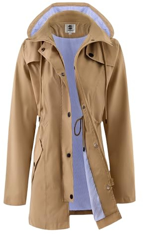 SaphiRose Women's Long Rain Jacket Waterproof Rain Coat with Hood Outdoor Light Raincoats Windbreaker(Tan,M)