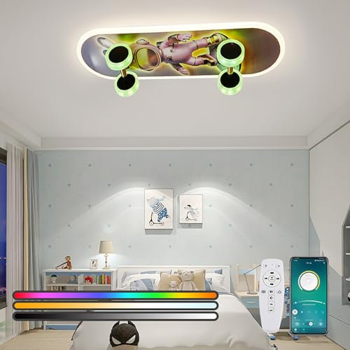 GLWHDX Kinderzimmerlampe Deckenleuchte 60CM RGB Farbwechsel, Astronaut & Skateboard Design, Dimmbar mit Fernbedienung, LED Schlafzimmerlampe für Jungen Mädchen, Kreative Raumbeleuchtung