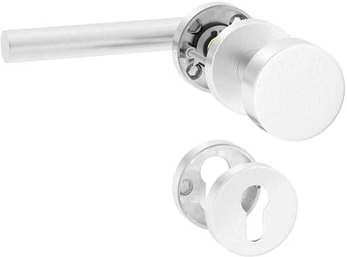 ERGO line NINA Rechts, Edelstahl Türbeschlag, Drückergarnitur mit Festem Türknopf, PZ-Zylinder, Rosettengarnitur mit Türknopf, Wechselgarnitur Türknauf und Türdrücker, Edelstahl V2A