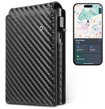 Auskang Geldbörse, Magnetischer Slim Wallet mit RFID Schutz & ID-Fenster, Nur kompatibel mit iOS Wo ist? (Find My) App, Portmonee Geldbeutel kreditkartenetui Herren Klein-Kartenhalter- Schwarz