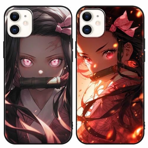 Eouine 2 Pack Phone Case For iPhone 14 6.1 inch, Anime Kamado Nezuko Cartoon Pattern Shockproof Soft Aesthetics Design Full lens Protection Cover for Children Boy Girl, Black