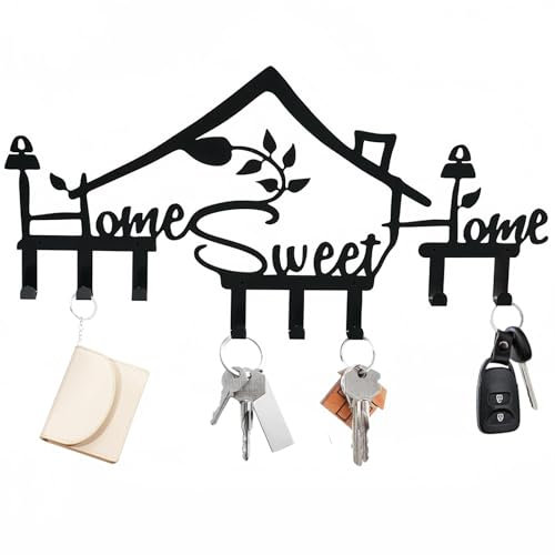 Crochet à Clés Home Sweet Home Métal Porte Clef Mural Decoration Maison Avec 8 crochets Porte Vêtements Organisateur de Clés Mural Convient pour la Décoration Couloirs,Appartements (Noir)