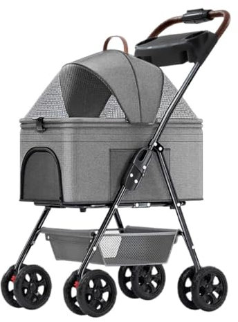 DRYIC Katzen-Hunde-Kinderwagen, Faltbarer Haustier-Kinderwagen, 3-in-1-Hunde-Kinderwagen mit abnehmbarem Träger, Aufbewahrungskorb und 4 Rädern für kleine, mittelgroße Hunde (Grey)