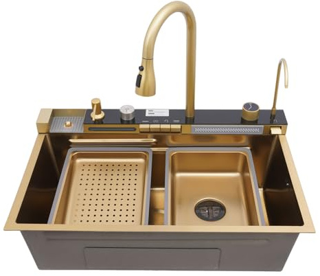 Évier de cuisine multifonction cascade robinet amovible plusieurs variantes de bec avec nettoyant pour tasses et distributeur de détergent 75 x 46 x 22 cm Doré