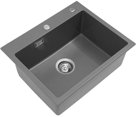 Fregadero de cocina de piedra de cuarzo rectangular con escurridor, tubo de desagüe para cocina para fregadero y encimera de cocina (gris, 55 x 45 cm)