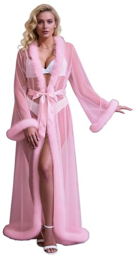 ohyeahlady Women Plus Size Lingerie Sexy Mesh Long Robe with Fur Trim | XS-4XL,Fancy Tulle Maternity Dress, Sexy Maxi Kimono Dressing Gown, Bridal Robe for Wedding, Honeymoon, Halloween