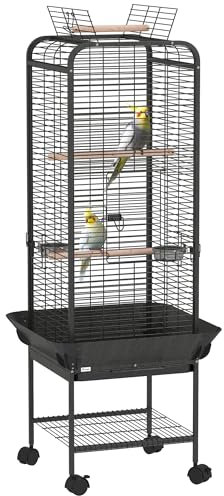 PawHut Vogelkäfig Papageienkäfig mit Rädern Sitzstangen Fütterungsgitter und abnehmbarem Tablett Voliere für Nymphensittiche Papageien 62,5x62,5x146 cm Dunkelgrau