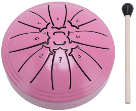Stahlzungentrommel, 4 Zoll, 8 Noten, Regentrommel aus Kohlenstoffstahl, Handpan-Trommel mit Trommelstock und Musikbuch (PINK)