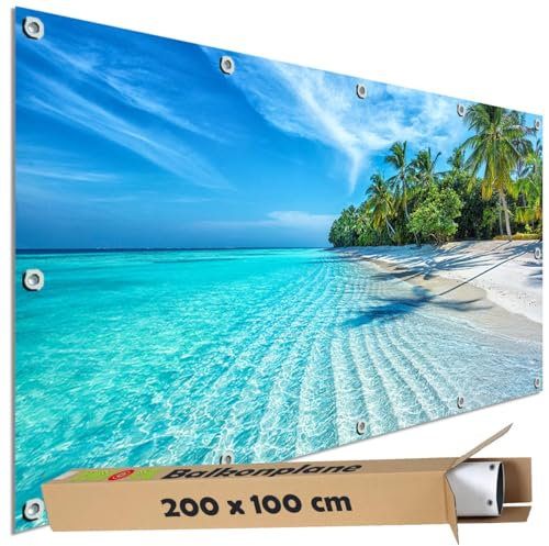 TRIOSK Sichtschutz Balkon Deko Plane Balkonblende Blickdicht mit Motiv Malediven Tropen Palmen Strand für Garten Terrasse Gartenzaun Balkonverkleidung Blickschutz PVC groß 200x100 cm
