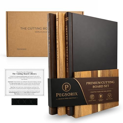 The Original Cutting Board Library | 100% Akazienholz | Set mit 3 dekorativen und funktionalen Schneidebrettern mit Ständer | Obst, Gemüse, Fleisch, Fisch, Käse und Brot | Statement-Stück für