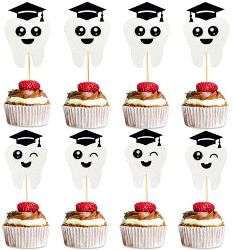24 Stück „Congrats Dentist“ Cupcake Topper, 2 glitzernde Zahn-Designs mit Doktorhut, niedliche lächelnde Zahn-Piekser für Abschlussfeier in der Zahnmedizin, Hygieniker-Partybedarf und Praxisdekoration