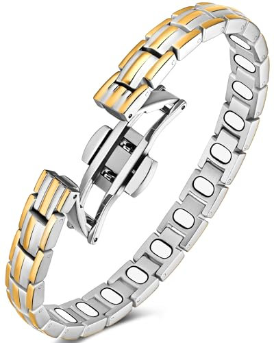 Jeracol Magnetic Bracelet for Women – 5000 Gauss Strong Magnets, Premium Stainless Steel Magnetic Bracelet with Upgraded Butterfly Clasp & Adjustable Tool, Refined Gift Box((Silver Gold)