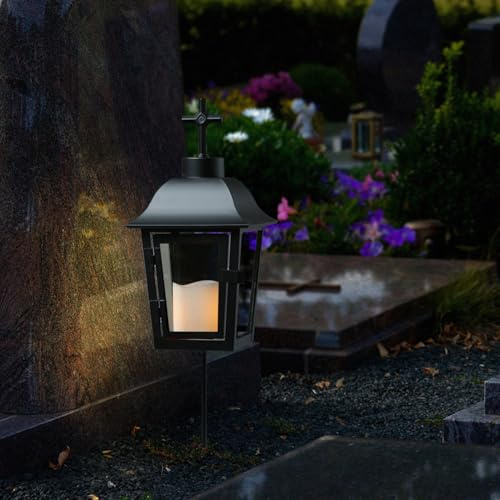 Grablaterne mit Mini LED Kerze Grablicht mit 2 wechselbaren Spitzen (Kugel, Kreuz) und Erdspieß Grableuchte Grablampe Friedhofslaterne Gartenlaterne schwarz (Laterne mit Kerze/Typ5)