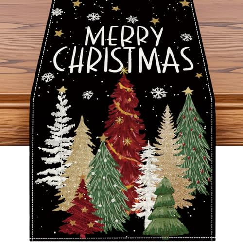 Artscope Weihnachten Tischläufer, Modern Weihnachtstischläufer Dekoration, Weihnachtsdeko Tischdecke Party Dekor für Küche, Esstisch, Garten, Innen & Außen (40x140cm, Bunt Weihnachtsbaum Schwarz)