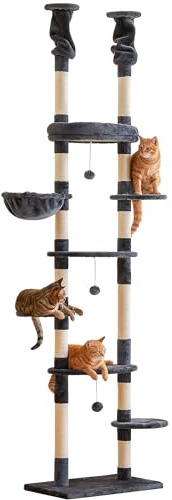 Quuzee Floor to Ceiling Cat Tree, 7 Tiers Cat Tower, Adjustable 234-258cm with Hammock,Platforms and Sisal-Covered Scratching Posts for Indoor Cats, Smoky Grey