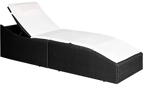 Mandloder Komfortable Sonnenliege mit Polsterauflage, schwarzes Poly Rattan, Gartenliege Terrassenliege, klappbarer Liegestuhl Strandliege, verstellbare Chaiselongue Outdoor, wetterfest 192x62cm