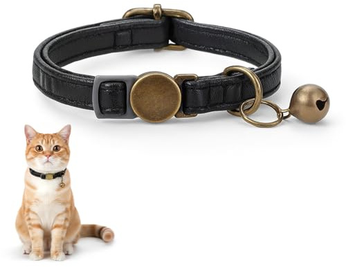 Nymora Katzenhalsband, Weiches Leder-Haustierhalsband mit Sicherheitsverschluss, Niedliches Schwarzes Katzen Halsband – 1 Stück