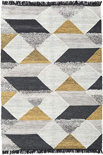 RugVista Isha, Teppich, Kelim Modern, 230 x 160 cm, Rechteckig, Niedriger Stapel, Wohnzimmer, Esszimmer, Schlafzimmer, Nur chemische Reinigung, Care & Fair Zertifiziert, Gold