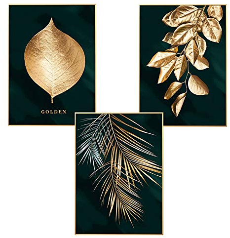 Martin Kench 3er Set Design-Poster Wandbilder, Wald Goldene Blätter Palmblatt, Ohne Rahmen, Wandbild Print Bilder Kunstposter Deko für Wohnzimmer (Stil A,30 x 40 cm)