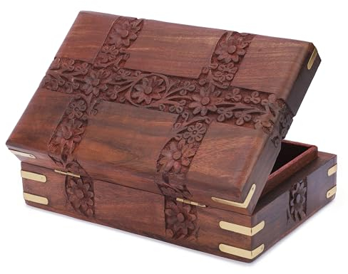 Ajuny Schöne hölzerne Handschnitzerei Blumenmuster Design Schmuckschatulle Andenken Aufbewahrungsorganisator Mehrzweck Schatzkiste Schmuckstückhalter für Frauen
