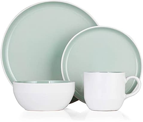 Barbary & Oak BO867004GRN Oslo 16 Piece Dinnerware Set, Stoneware, White and Peppermint Green