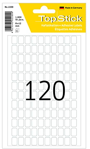 TopStick 2200 Vielzweck-Etiketten, 1800 Stück, 8 x 12 mm, 120 pro Bogen, selbstklebend, Haushaltsetiketten zum Beschriften, matt, blanko Papier Klebeetiketten Aufkleber, weiß