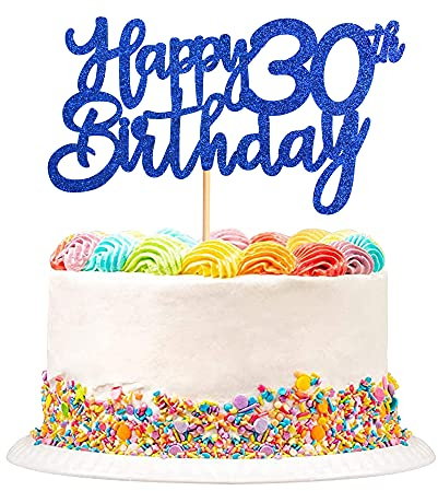 Blumomon 3 Pack Happy 30th Birthday Cake Topper Blue Glitter 30 Cupcake Topper Happy 30 Birthday Cake Decoration for 30th Cheers to 30 Birthday Party Decoration Supplies