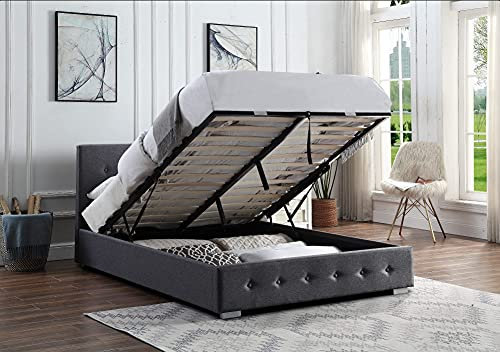 Home Treats Ottoman Storage Bed Grey | Double Bed Frame With Storage & Gas Lift Bed 4ft6 | Upholstered in Durable Grey Linen Fabric (Double - No Mattress, Dark Grey)