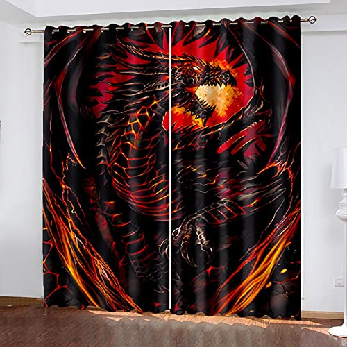 ADKMC 2 Stück Schlafzimmervorhänge Wohnzimmer Tier Drache Rot Kunst 140X100CM Thermovorhang, Verdunkelungsvorhang, Weihnachten, Dekovorhänge 3D Muster Blickdichter Vorhang Mit Ösen