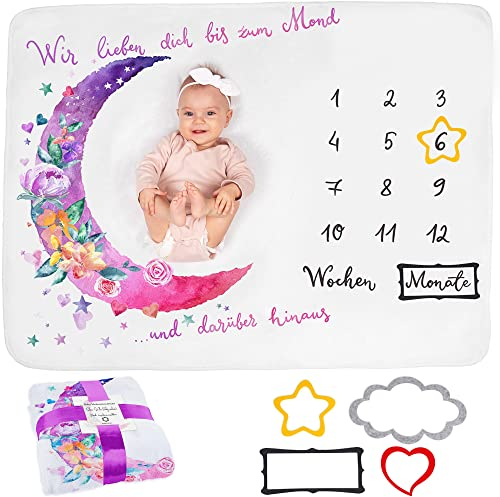 ODOXIA Baby Meilenstein Decke auf Deutsch | Monatsdecke Baby Junge & Mädchen, Unisex | Blumen & Mond | Personalisiertes Neugeborenen-Geschenk für Mütter | Babydecke | Meilensteindecke und Rahmen