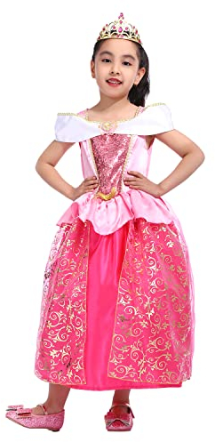 Sincere Party Mädchen Aurora Dornröschen Prinzessin Kleid mit Tiara,Rosa Prinzessin Kostüm 7-8 Jahre