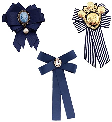 XHBTS Lot de 3 broches vintage pour femme - Broche nœud papillon - Perle - Bijoux pour mariage, fête, anniversaire, bijoux - Bleu à rayures, Autre