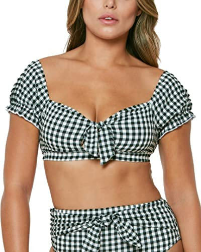 Jessica Simpson Women's Standard Mix & Match Plaid Bikini Swimsuit Separates (Top & Bottom), Black/White Puff Sleeve, Large