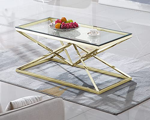 Bador Decoration Table basse design en acier inoxydable doré verre trempé Table de salon 120 x 60 cm