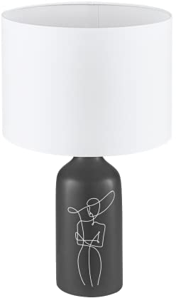 EGLO Tischlampe Vinoza, Nachttischlampe mit Lampenschirm, Tischleuchte aus Keramik in Schwarz mit Motiv und Textil in Weiß, Deko Schlafzimmer, Wohnzimmer Tisch Lampe, E27 Fassung