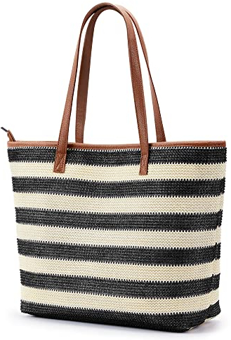 KALIDI Straw Tote Beach Bag Striped Shoulder Handbag Stitch Woven PU Leather Handle Zipper Closure Inner Pocket Travel Shopping Picnic