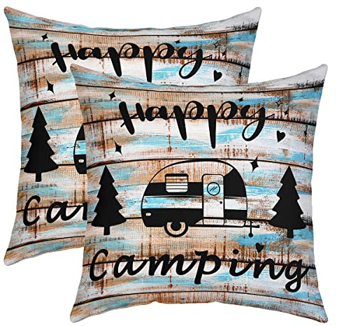Wohnmobil Umkehrbar Kissenbezüge 40x40cm Happy Camping Square Kissenhülle 2er Set Kissenbezüge Rustikale Holz Vintage Kissenbezug Home Dekor Sofakissen Couchkissen für Couch Bett