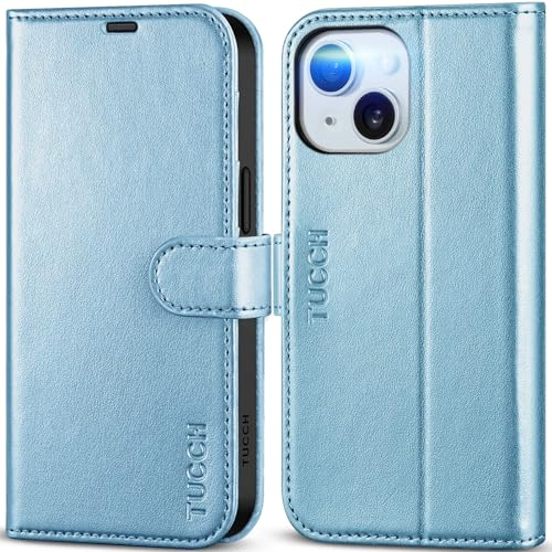 TUCCH Wallet Case for iPhone 15 (6.1) 2023, Magnetic PU Leather Protective Folio Cover with [RFID Blocking][Shockproof TPU][Viewing Stand][Credit Card Slot]Compatible with iPhone 15, Shiny Light Blue