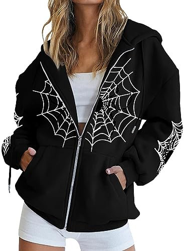 BLIBUNALA Damen Kapuzenjacke, 2023 Fashion Jacke, Herbst Oversized Pullover Isolationsjacke mit Taschen, lässiger Pullover, Elegante Y2K Kleidung, Gothic Jacke, Halloween Bedruckte Hip-Hop Jacke