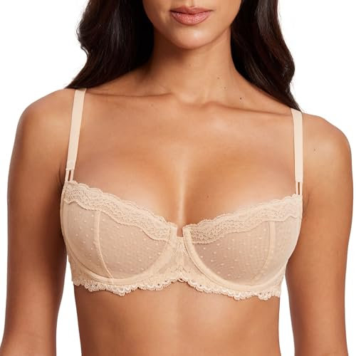 DOBREVA Women's Sexy Lace Balconette Bra Unlined Underwire Open Half Cup Bra See Through Sheer Balcony Bra Beige 34B