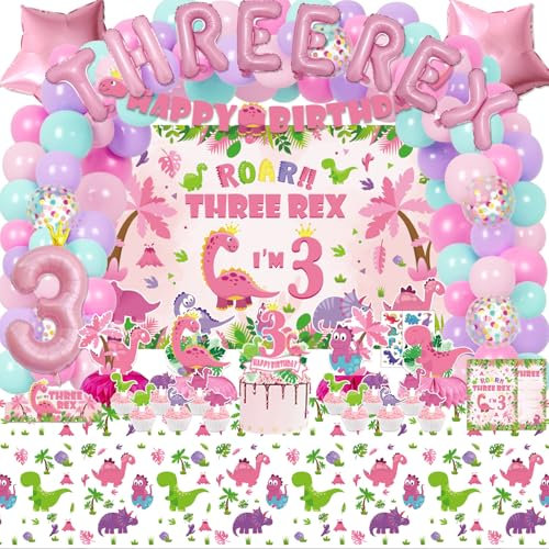 KimaruLZ Girl Dinosaur 3 Year Old Birthday Party Supplies- 135Pcs Black White Gamer Gaming Party Supplies For Boys Birthday Party - Backdrop, Table Cover, Hanging Swirls, Cupcake Cake Topper, Balloons