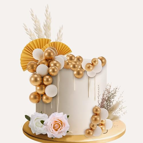 saerryor 30 Pcs Flower Cake Decorations, Gold Balloon Cake Toppers, Paper Fan Cake Toppers Artificial Rose Flowers Leaves Gold Cake Decorations for DIY Birthday Party Wedding