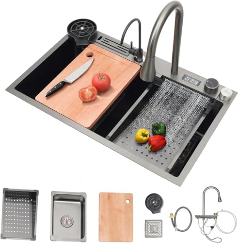 Fregadero de cocina, cascada de inteligencia, fregadero con tabla de cortar, escurridor/lavado de tazas, 3 modos de salida de agua y pantalla digital, plata - 75 × 46 × 22 cm