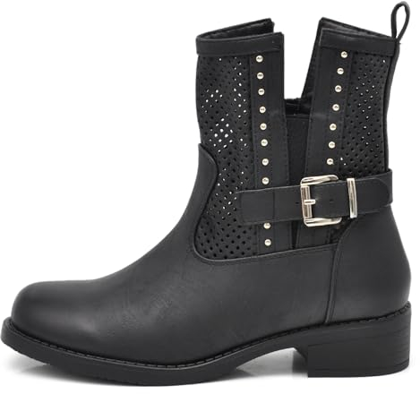 IF Fashion Stivali Stivaletti Biker Motociclista da Donna Traforato Con Fibbie Borchie Primaverili Estivi Pelle Sintetica G677 Nero N.36