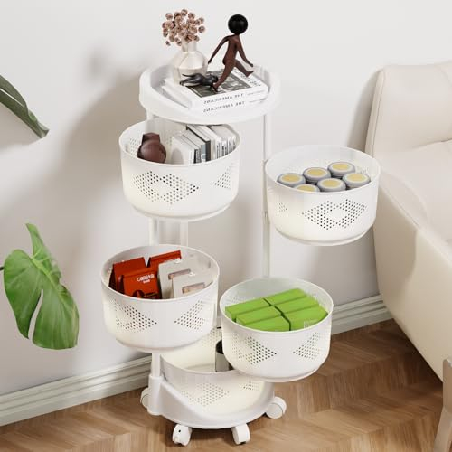 Calager Fruit Vegetable Basket Rack,5 Tier Kitchen Rotating Storage Rack Cart,Circular Rotating Storage Shelves Rack on Wheels,Moveable Plastic Fruit Basket Stand Storage Trolley for Kitchen (White)