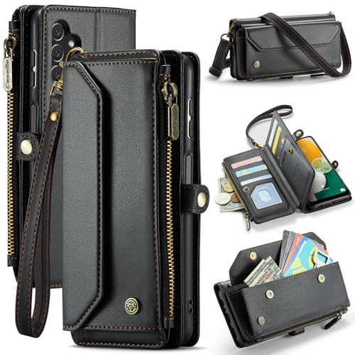 FONREST Leather Purse Bag Case for Samsung Galaxy A13 4G/5G/A04S/M13, Magnetic Flip Wallet Cover w/Kickstand RFID Blocking Card Holders Cash Slot Zipper Pocket Crossbody Lanyard Wrist Strap (Black)