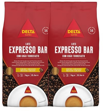 Delta Cafés Espresso Bar Caffè in Grani 1kg – Miscela Arabica & Robusta, Intensità 14, Chicchi Espresso con Note di Popcorn e Spezie (Confezione da 2)