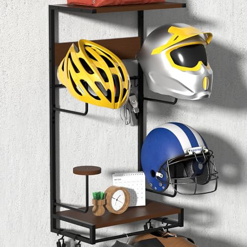 Support Casque Moto, support de casque rétro en bois de fer avec planche en bois à 2 couches pour ranger les accessoires de moto